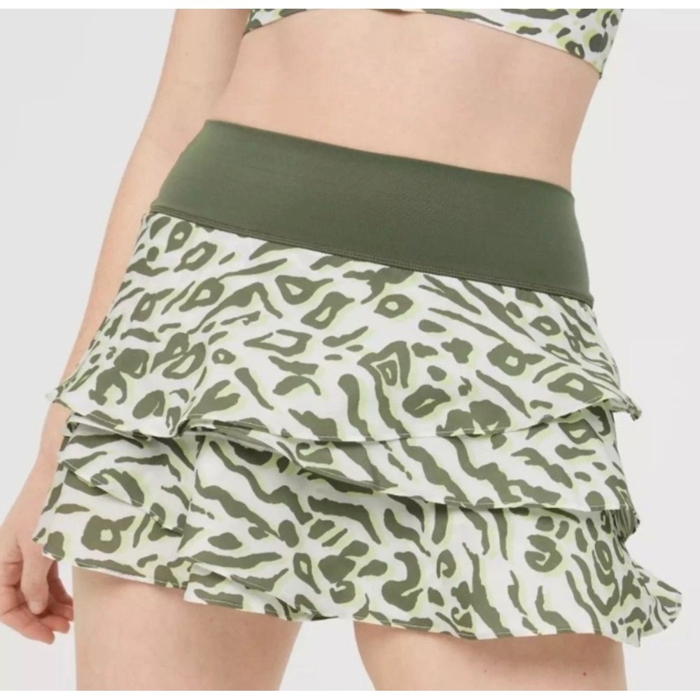 OFFLINE by Aerie Real Me Ruffle Skort Olive Green Animal Print Athletic Skirt S